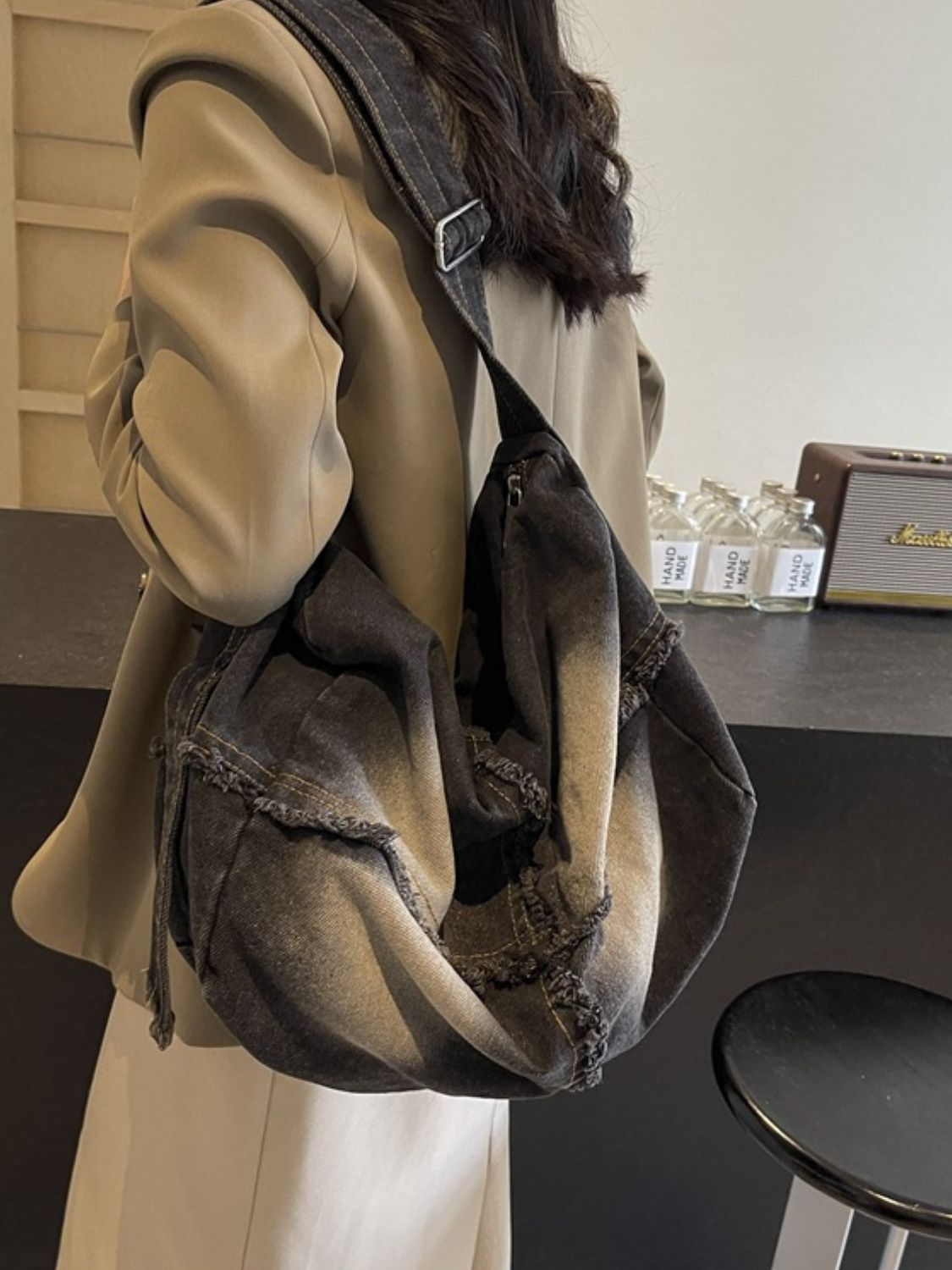 Denim Gradient Crossbody Bag with Raw Hem