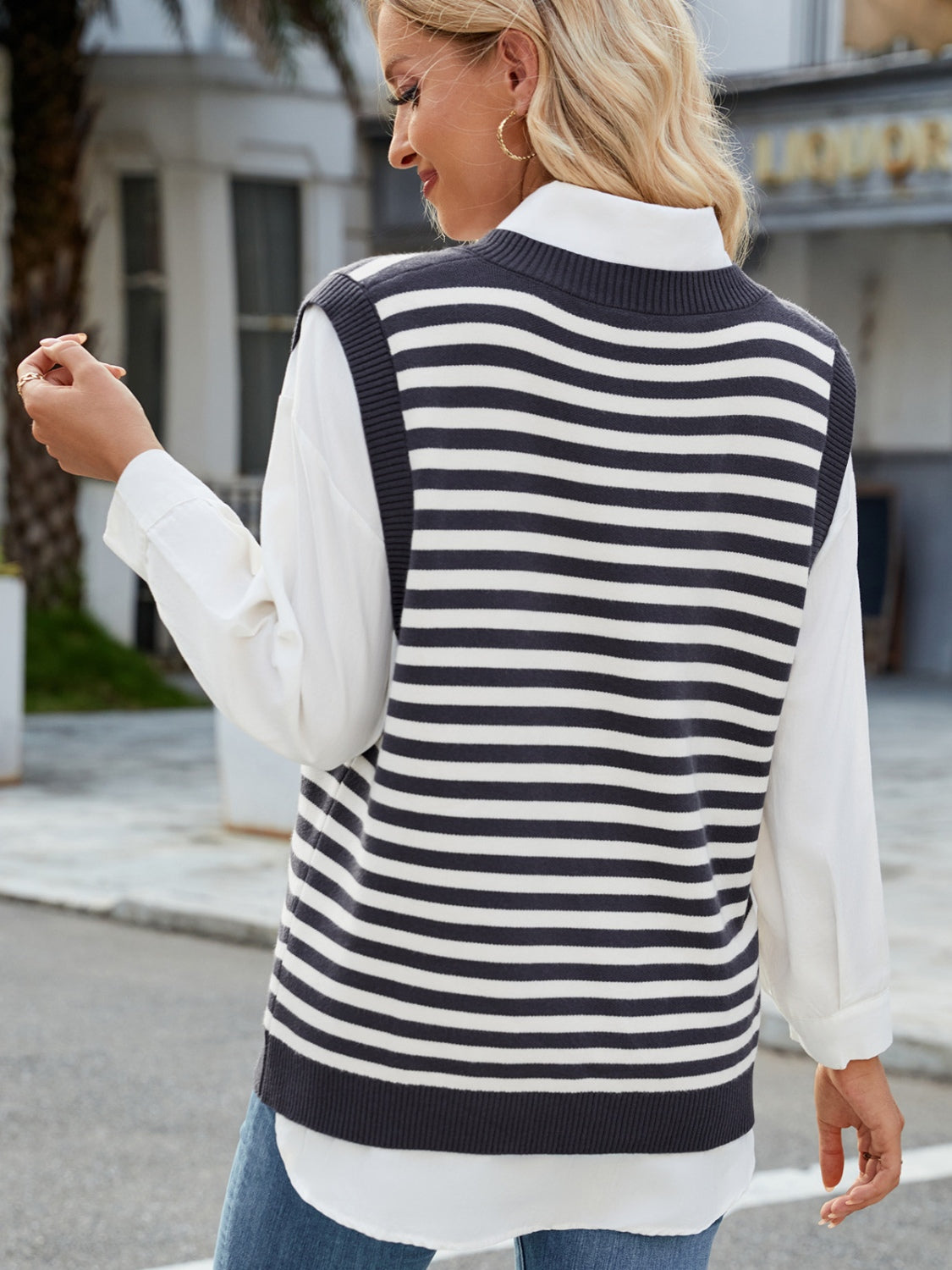 V-Neck Striped Sweater Vest with Slit Design