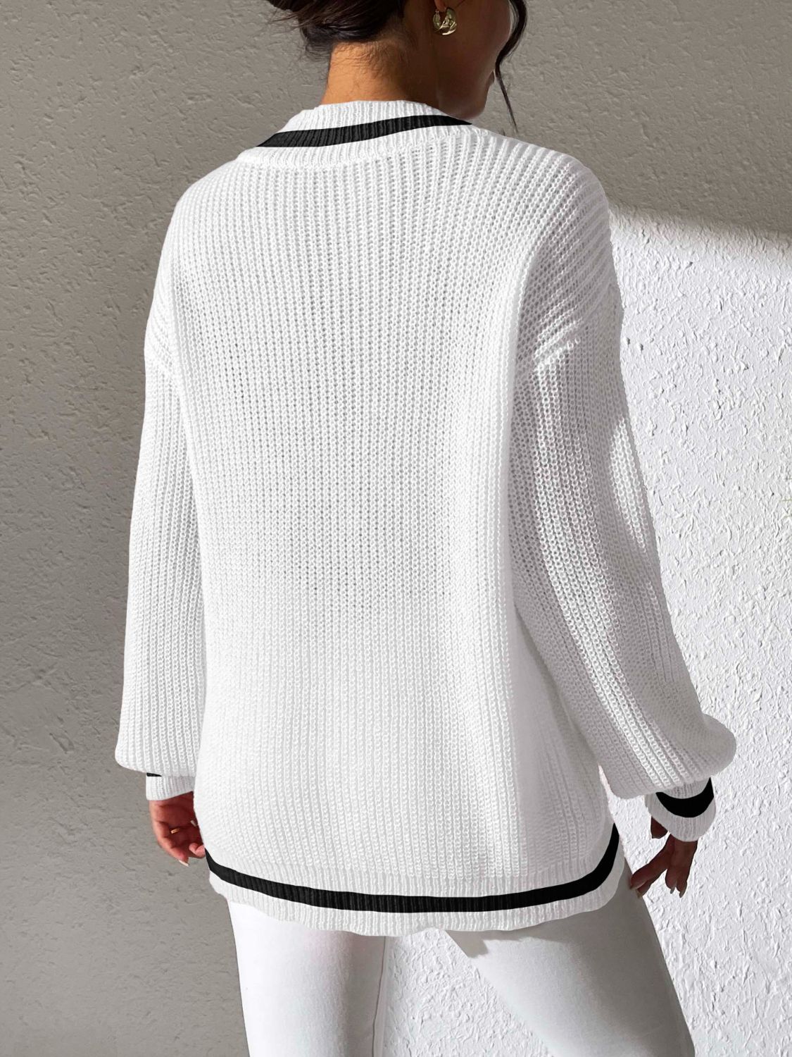 V-Neck Long Sleeve Sweater with Contrast Trim