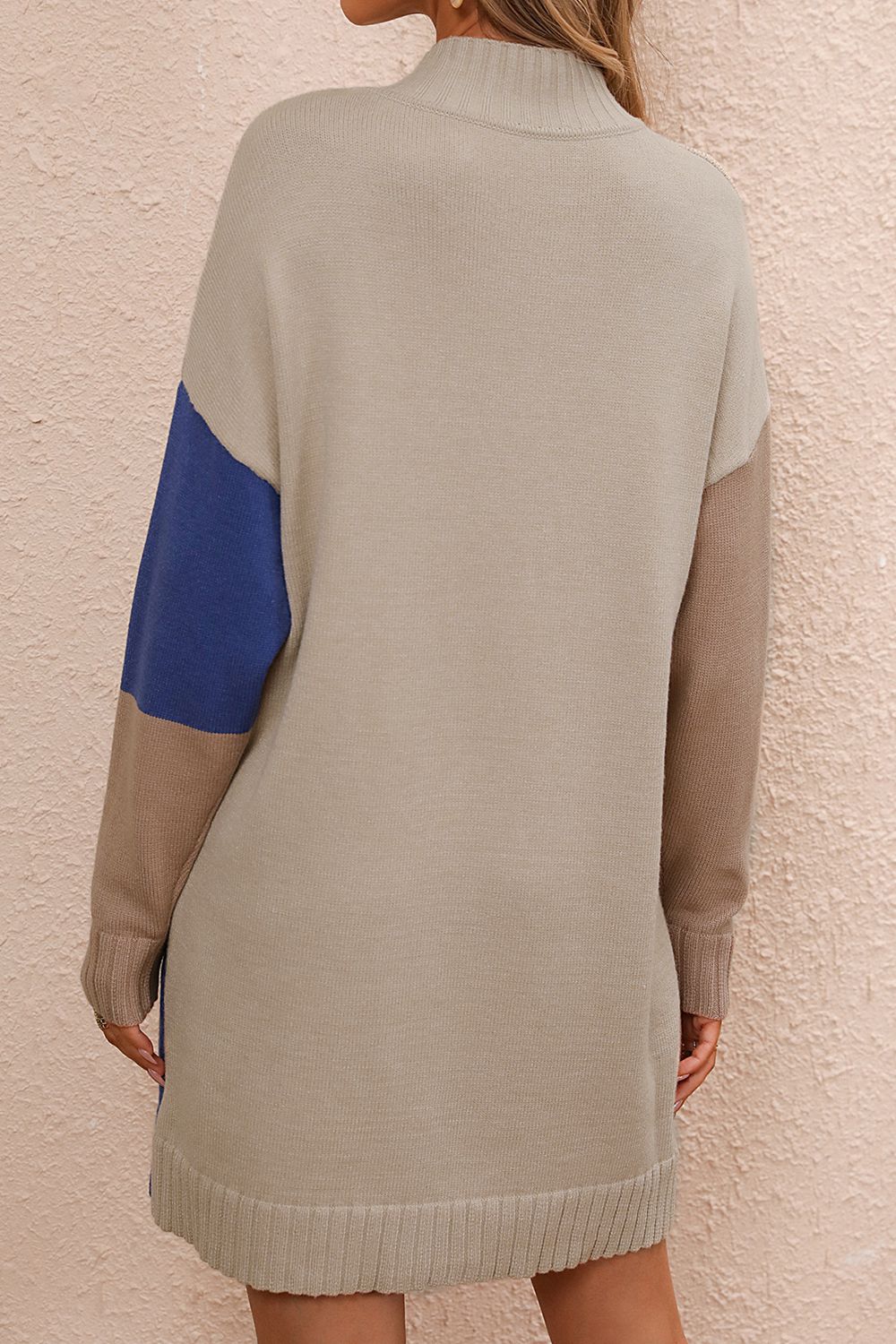 Color Blocked Long Sleeve Mini Sweater Dress with Mock Neck