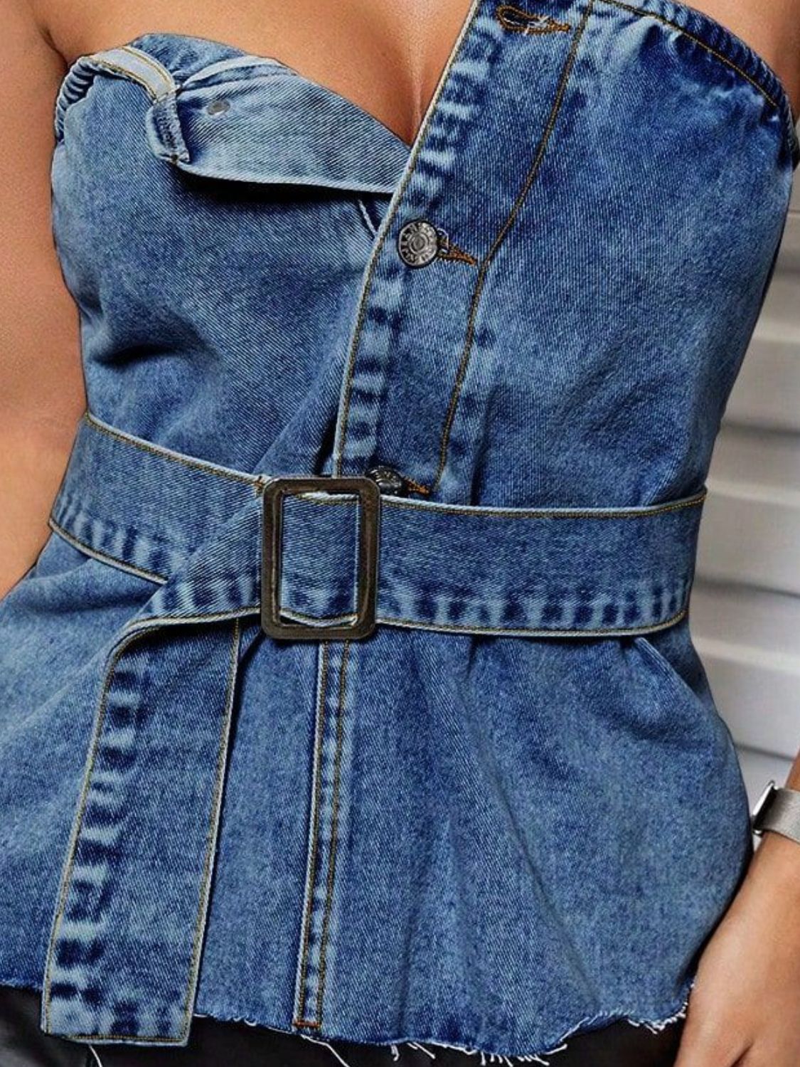 Button-Up Distressed Hem Denim Tube Top