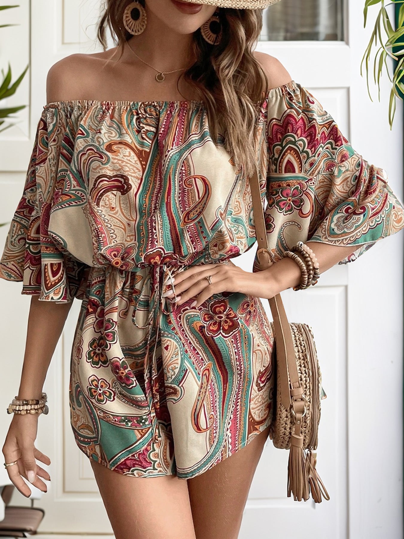 Off-The-Shoulder Printed Romper with Ruffled Details