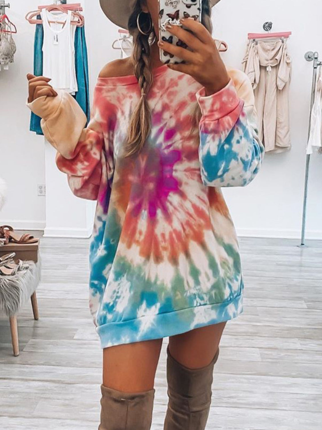 Colorful Tie-Dye Long Sleeve Dress with Round Neck