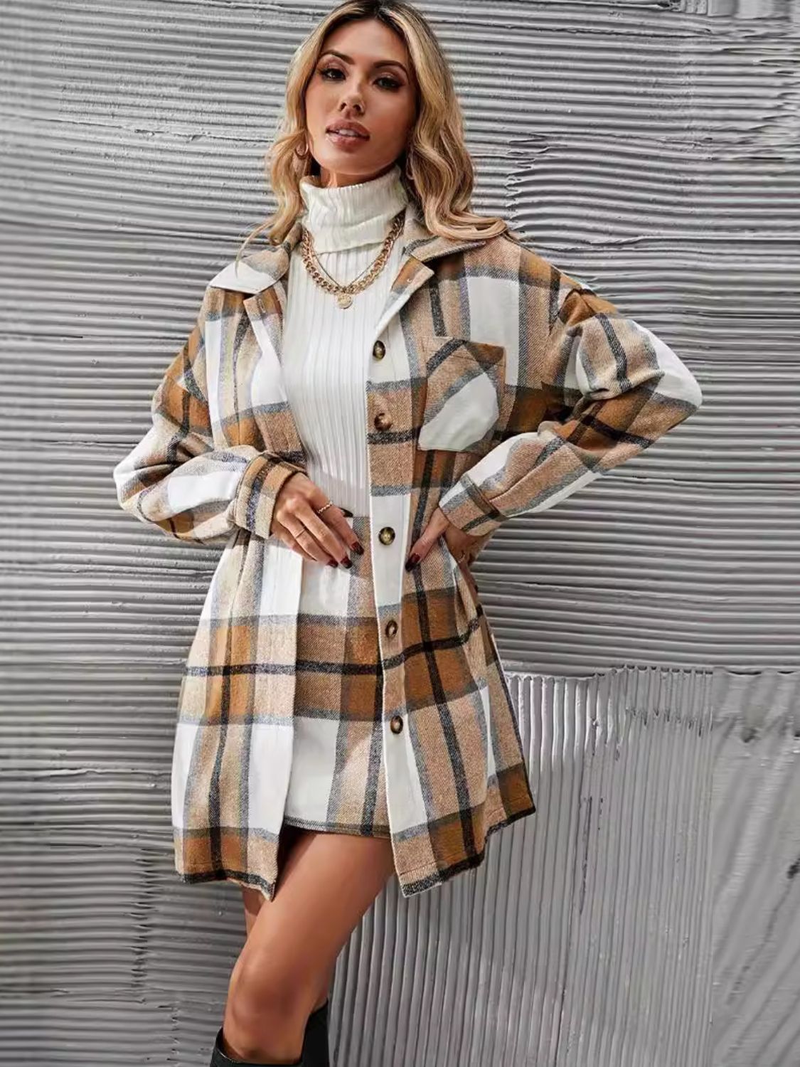 Plaid Long Sleeve Coat and Skirt Ensemble