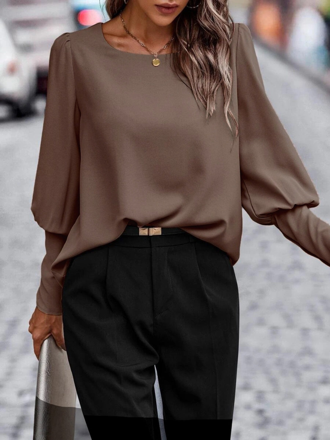 Decorative Button Sheer Blouse with Long Sleeves and Round Neck