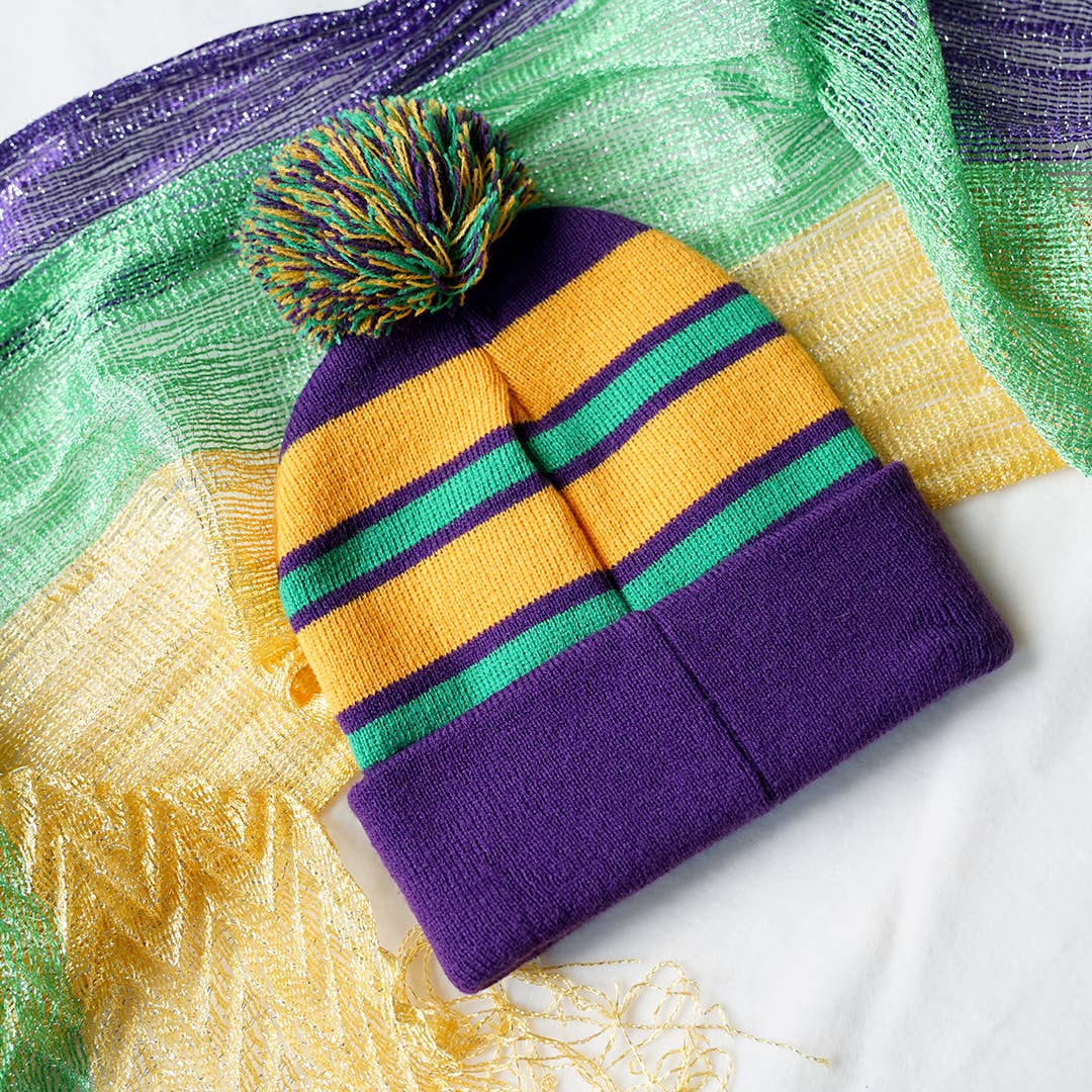 Mardi Gras Pom Pom Embroidered Beanie