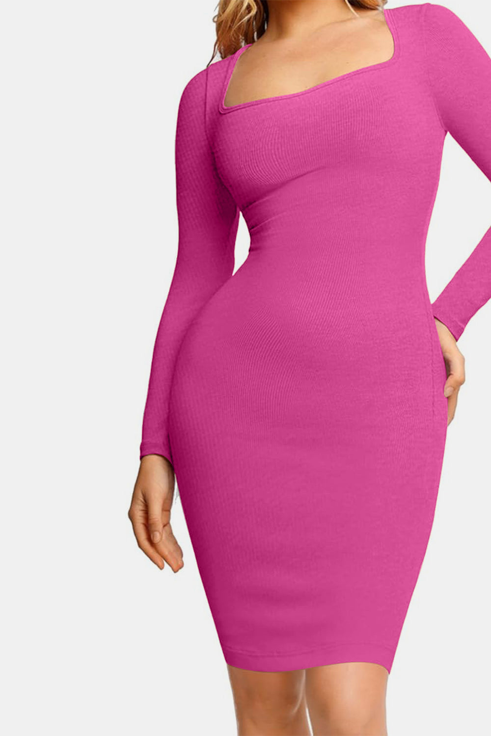 Square Neck Long Sleeve Dress with Integrated Shapewear