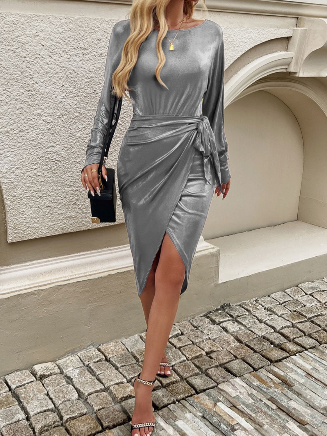 Elegant Tied Boat Neck Long Sleeve Dress