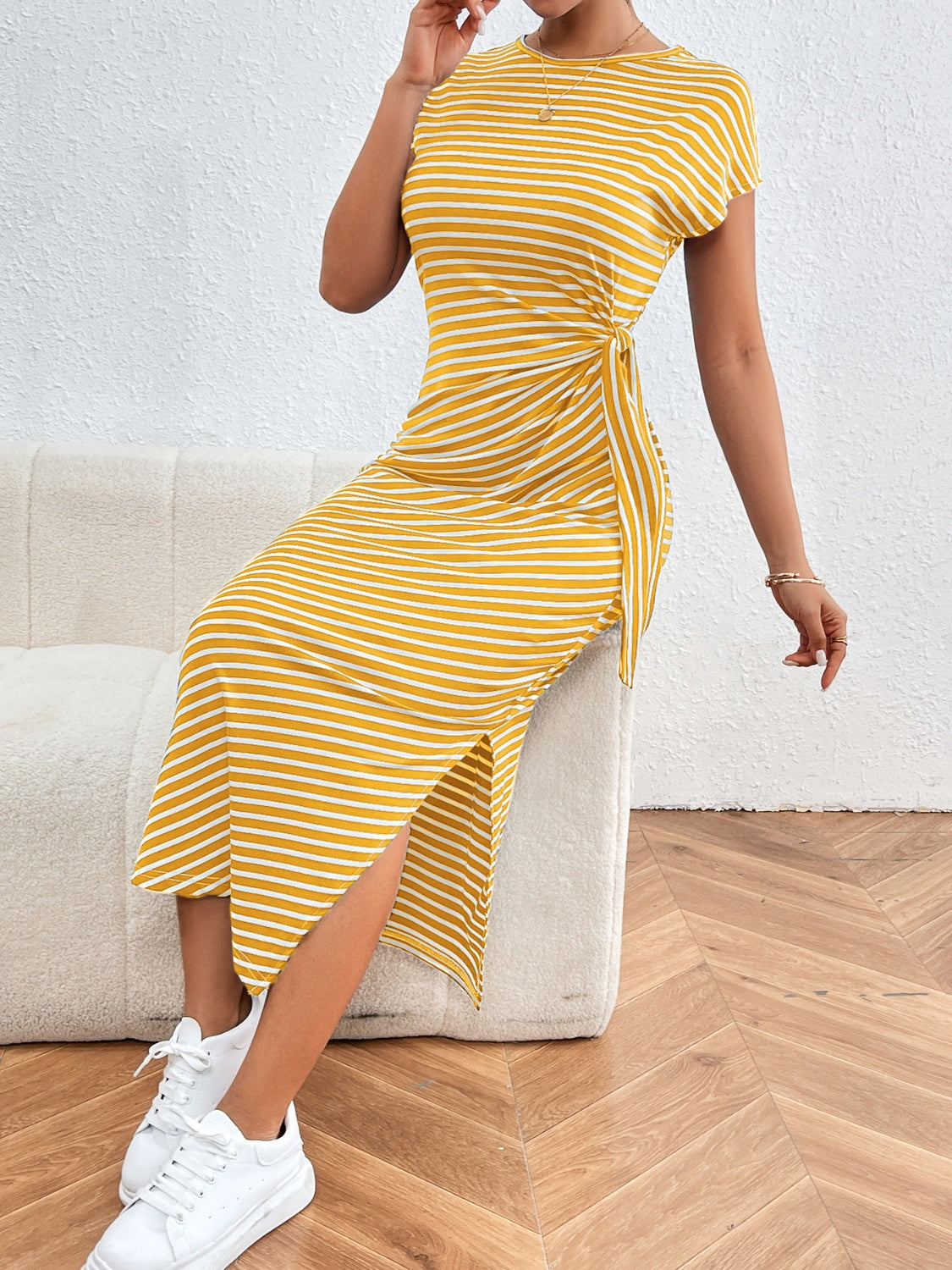 Striped Tie-Front Short Sleeve T-Shirt Dress