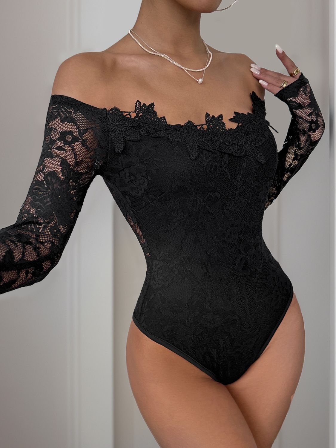 Lace Off-Shoulder Long Sleeve Bodysuit by Perfee