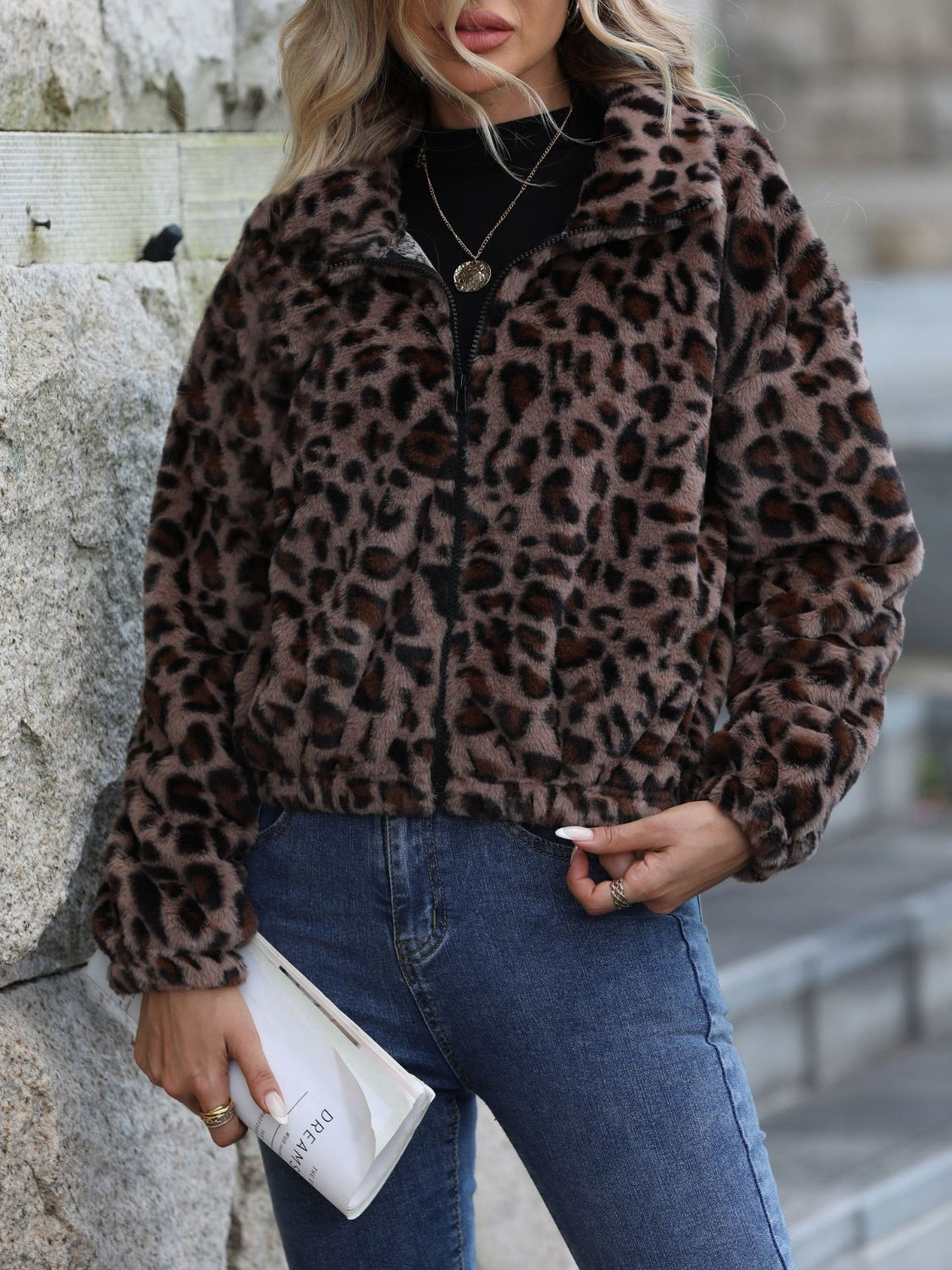 Leopard Print Zip-Up Jacket with Collared Neck