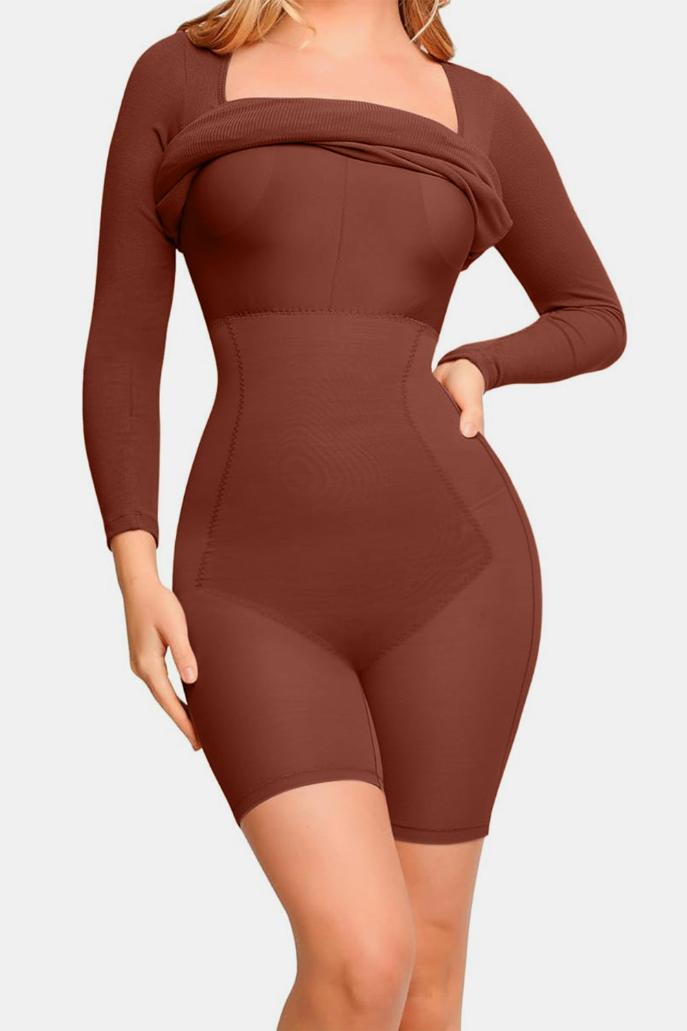 Square Neck Long Sleeve Dress with Integrated Shapewear