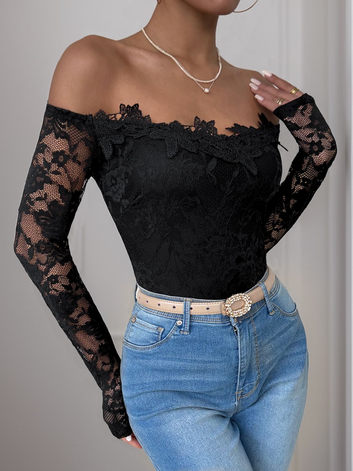 Lace Off-Shoulder Long Sleeve Bodysuit by Perfee