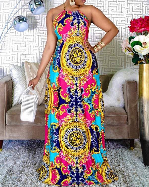 Seductive A-Line Halter Maxi Dress with All-Over Print