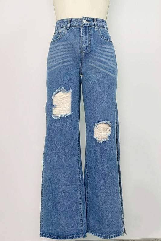 High Rise Distressed Cotton Straight Leg Jeans with Side Splits