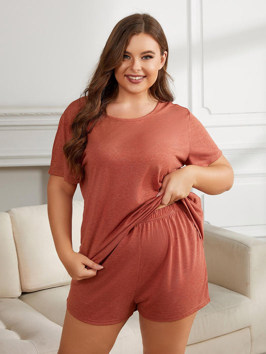 Curvy Girl - Round Neck Short Sleeve Two-Piece Loungewear Set