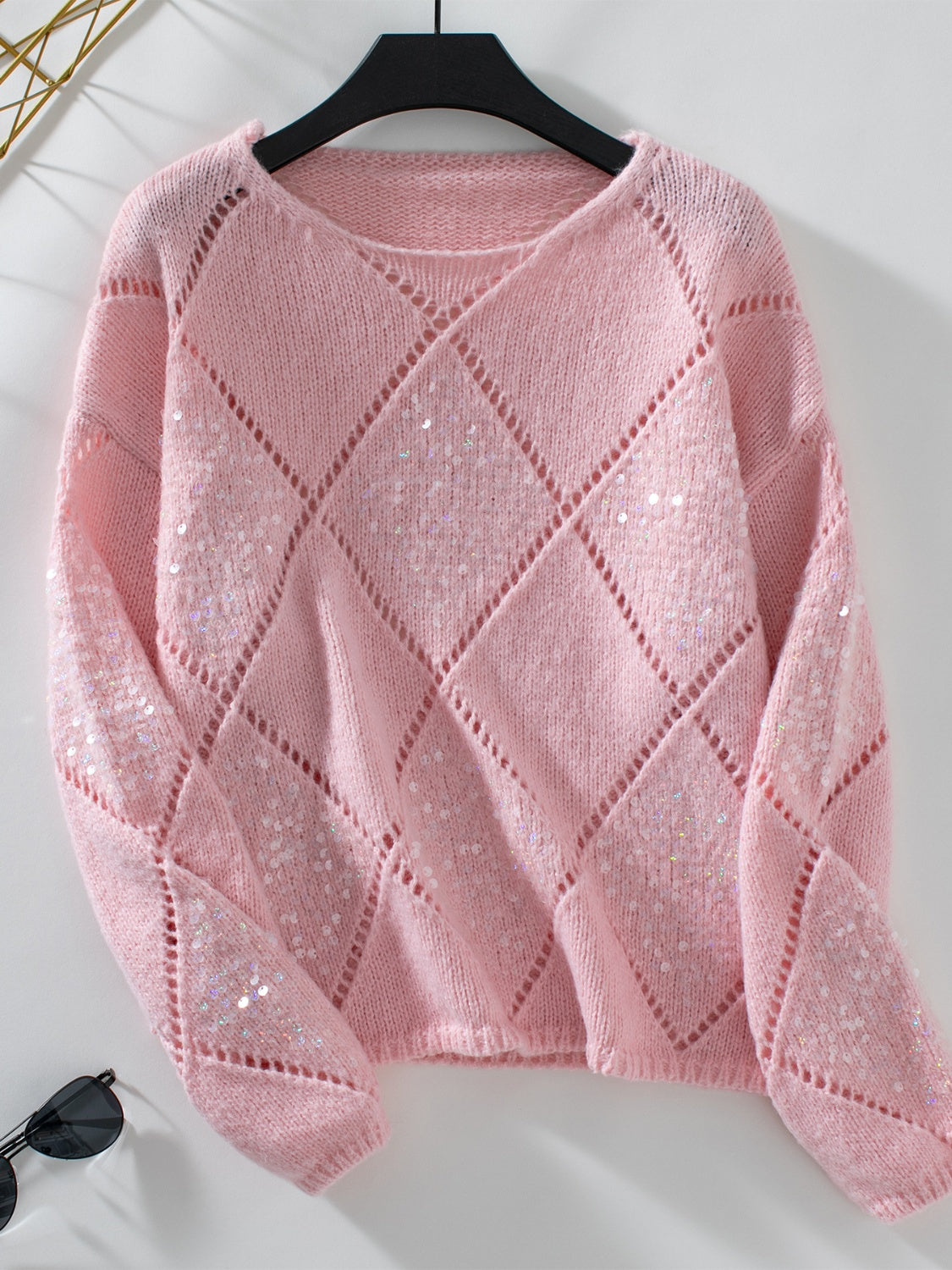 Lace-Inspired Round Neck Long Sleeve Sweater