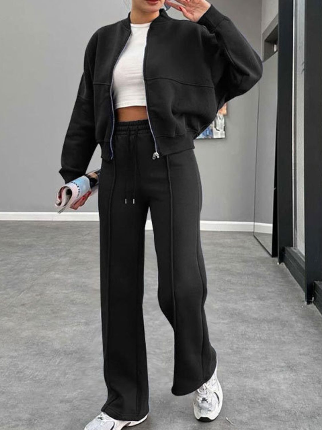 Fuzzy Lined Baseball Collar Zip-Up Jacket and Adjustable Drawstring Pants Set