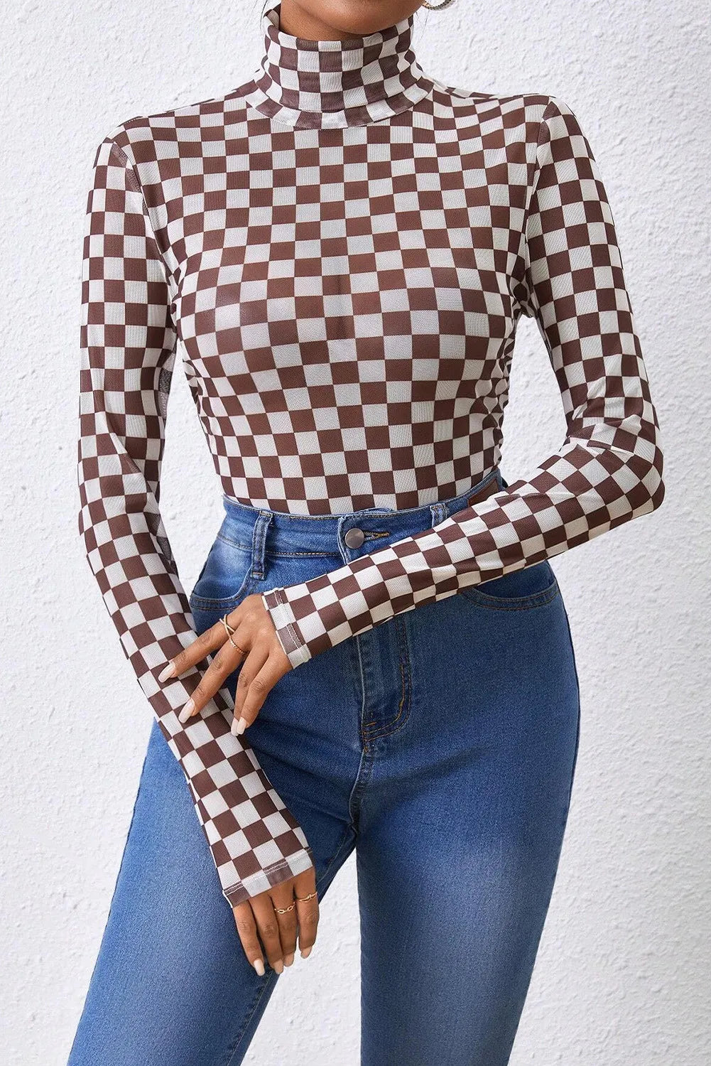 Checkered Long Sleeve Turtleneck Bodysuit