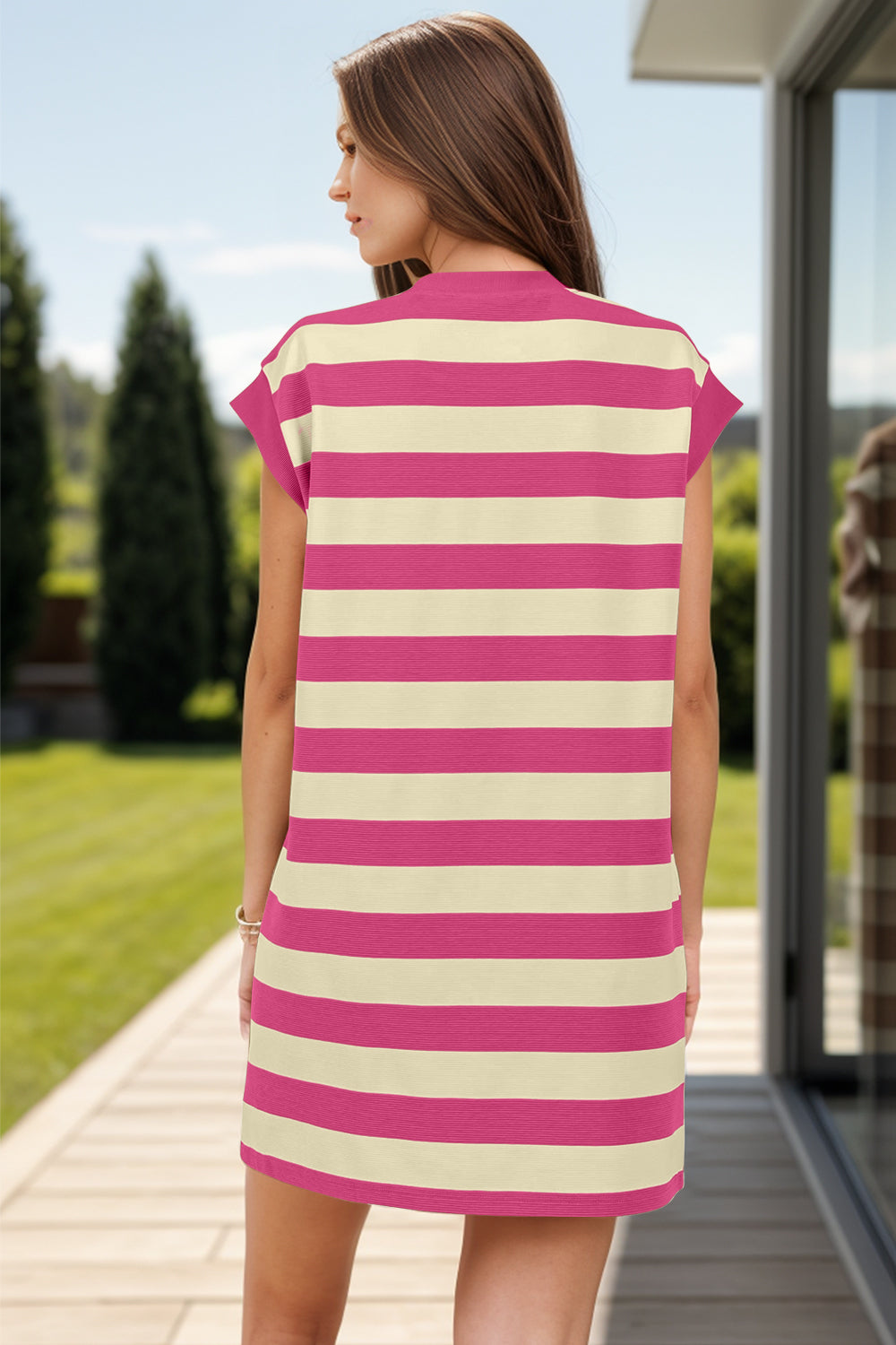 Striped Cap Sleeve Mini Dress with Pockets