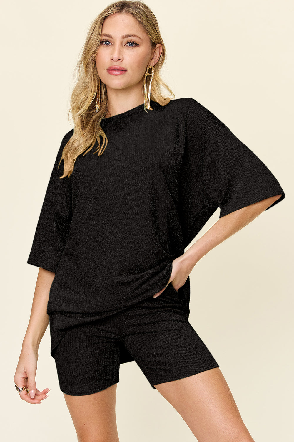 Texture Round Neck Drop Shoulder T-Shirt and Shorts Set