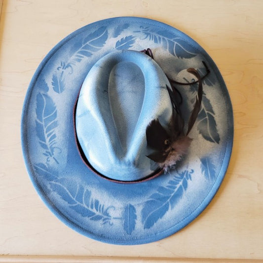 CUSTOM Hand-Painted Branded Cowgirl Western Boho Hat with feather accents and genuine leather band, perfect for a unique western style.
