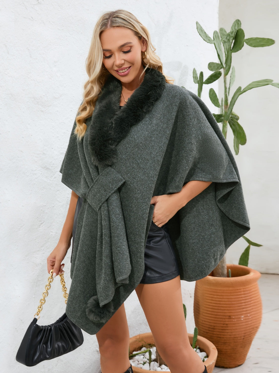 Cozy Fuzzy Trim Open Front Cape