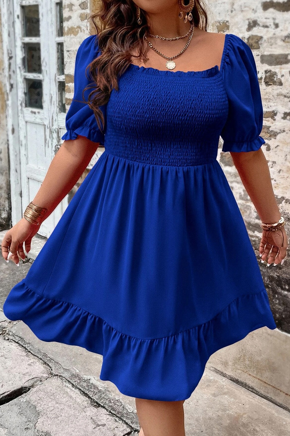 Smocked Square Neck Dress with Short Sleeves