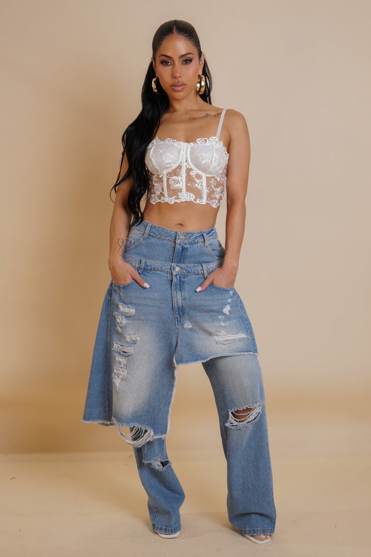Bea Chic Chic Chaos Denim: white lace crop top with distressed denim pants.