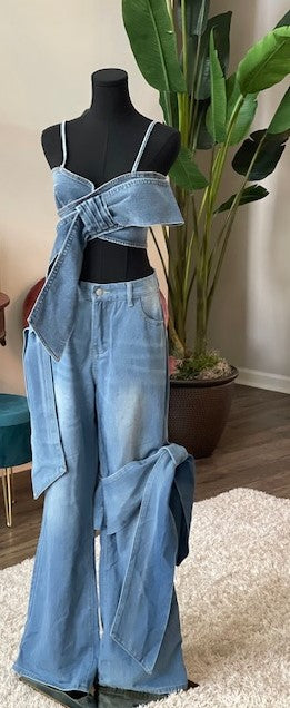 Denim Coordinate Set with Bow Accents