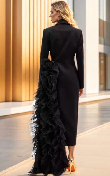 Tuxedo-Inspired Gown with Ruffled Asymmetry