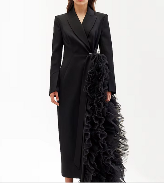 Tuxedo-Inspired Gown with Ruffled Asymmetry