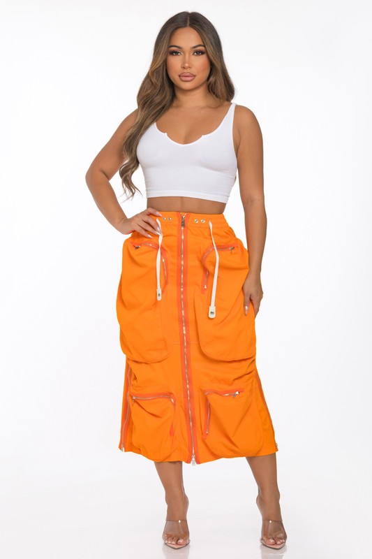 Zip Front Orange Cargo Skirt