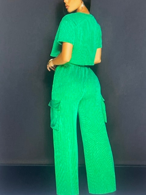Ribbed Crop Top and Wide Leg Cargo Pant Set