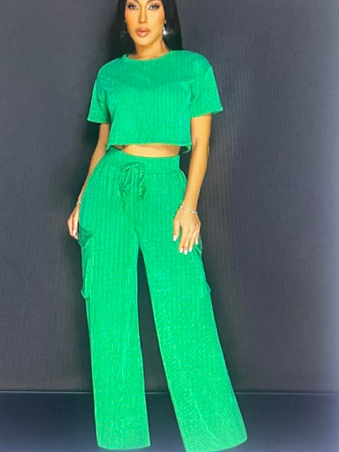 Ribbed Crop Top and Wide Leg Cargo Pant Set