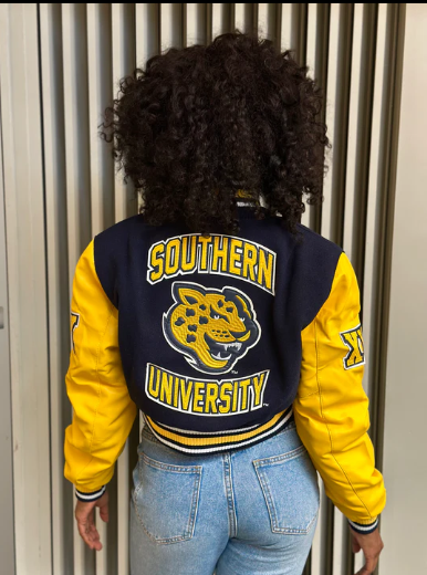 Navy Blue Southern University Bomber Jacket with Gold Accents