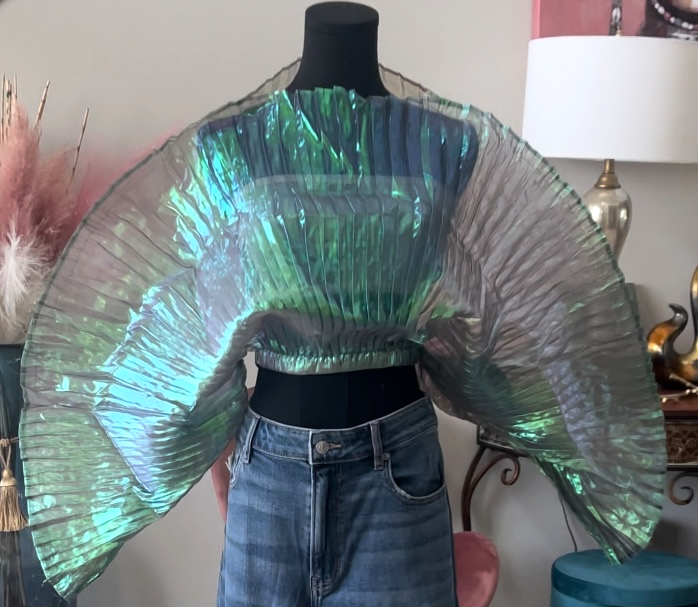 Iridescent Cropped Blouse with Pleated Design