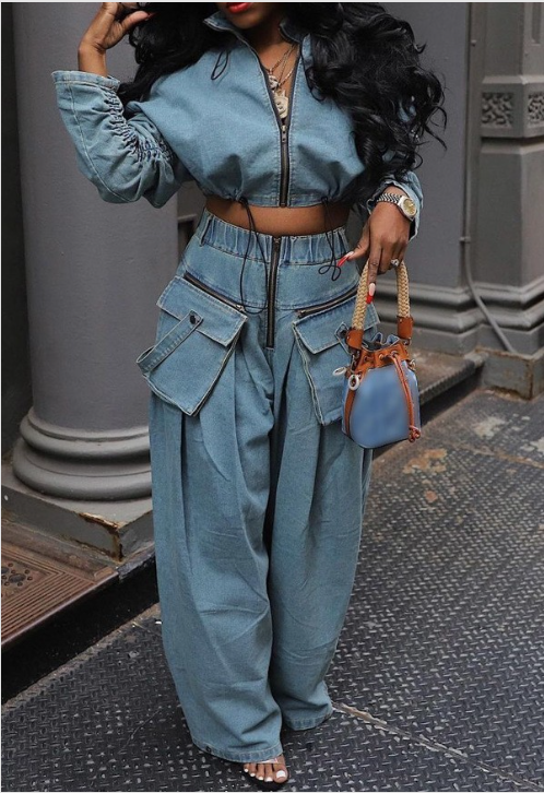 Two Piece Wide Leg Denim Pant Set