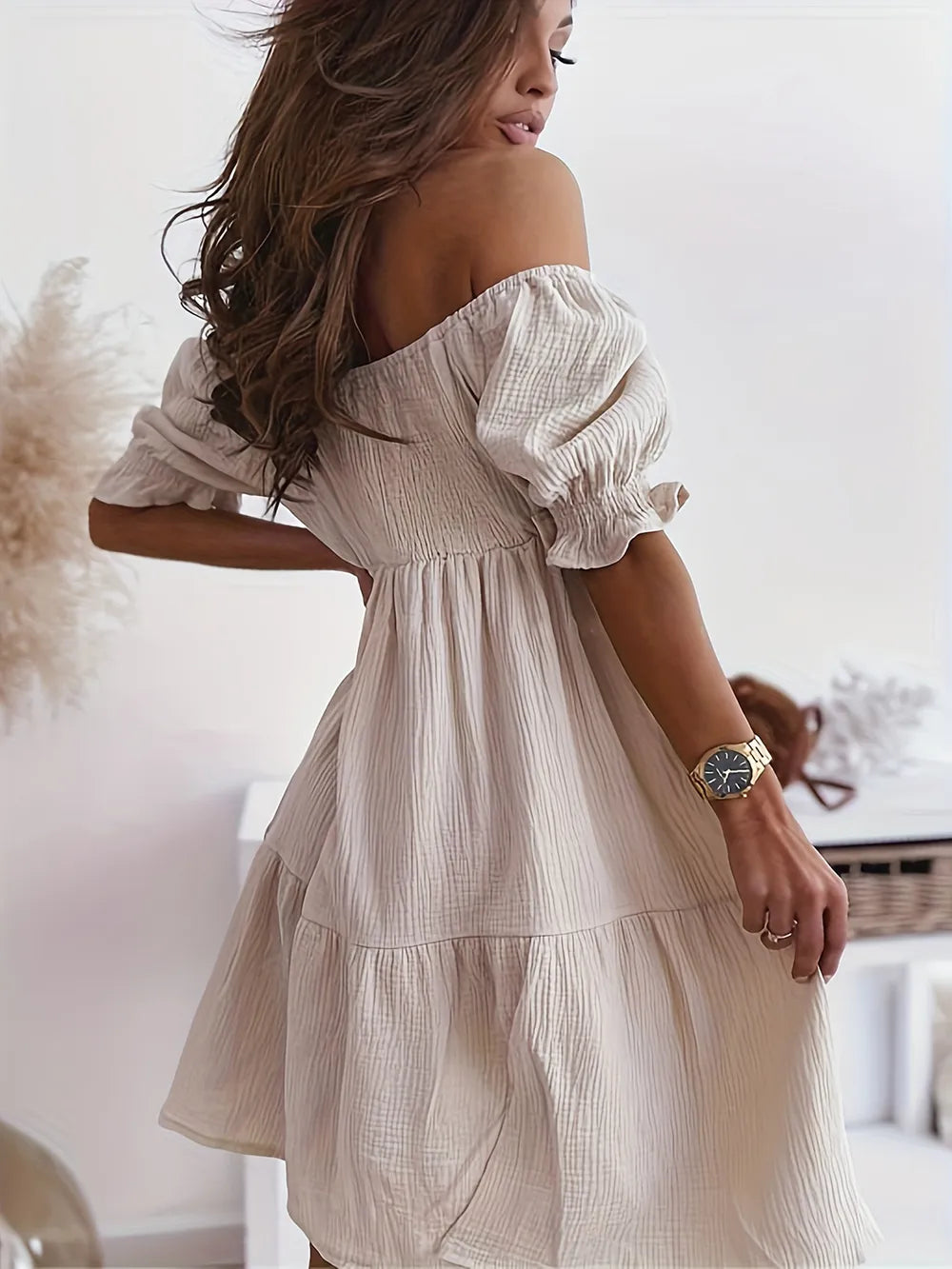 Ruffled Off-Shoulder Short Sleeve Dress with ruched, sheer ruffles, stretch fabric, and a flowy silhouette from Shop Name.
