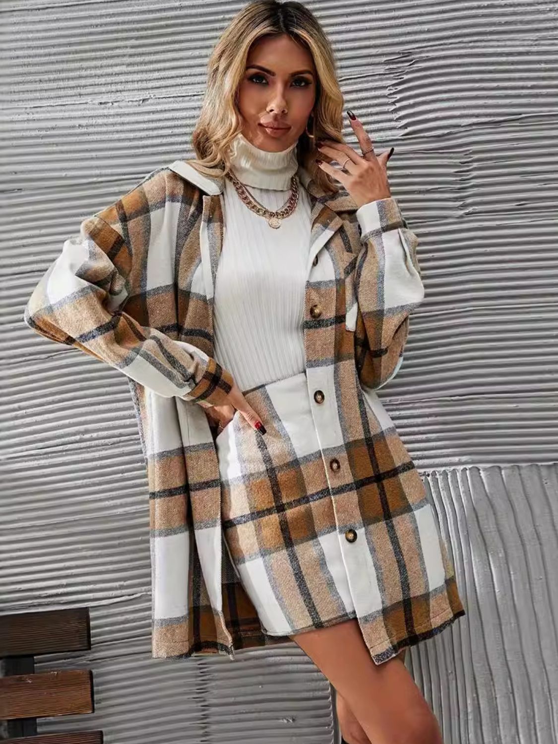 Plaid Long Sleeve Coat and Skirt Ensemble