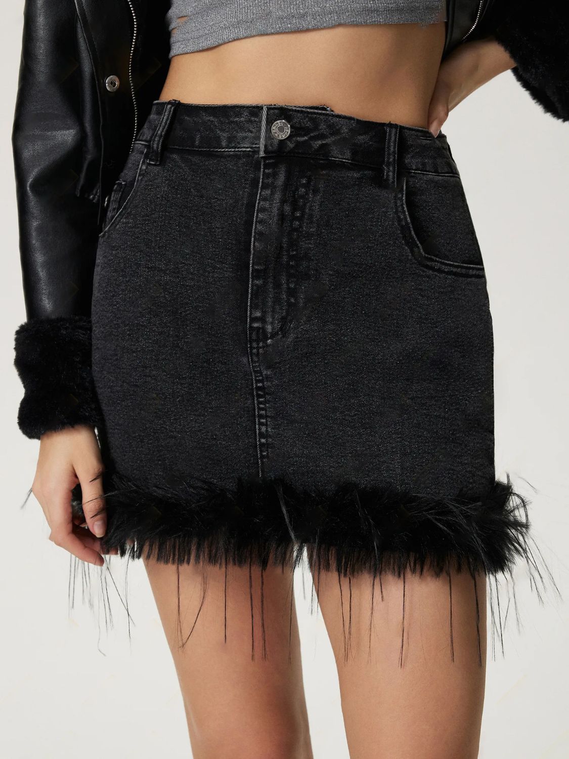 Button-Up Plush Denim Mini Skirt