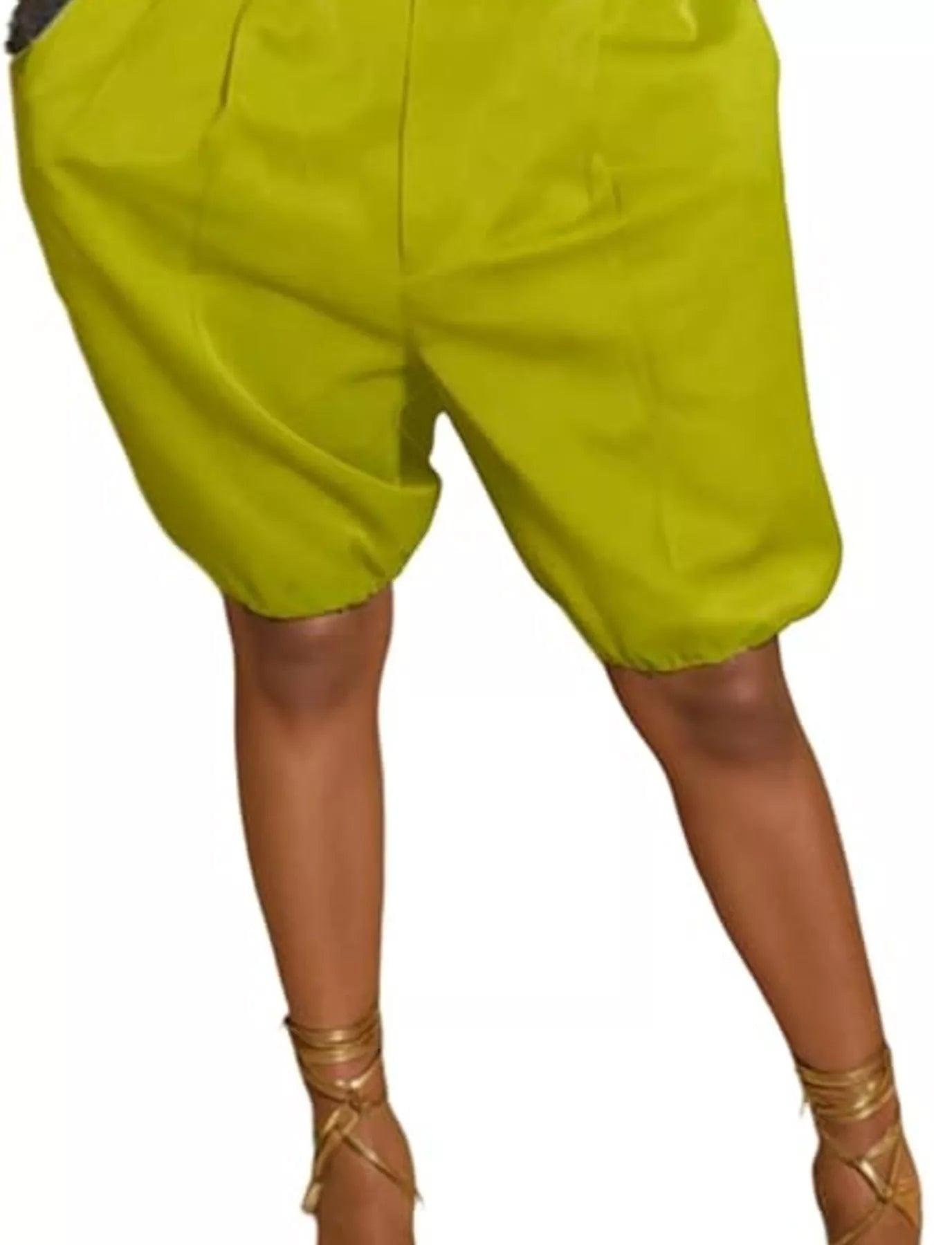 Lime green pleated detail high-waist shorts with drawstring and pockets.