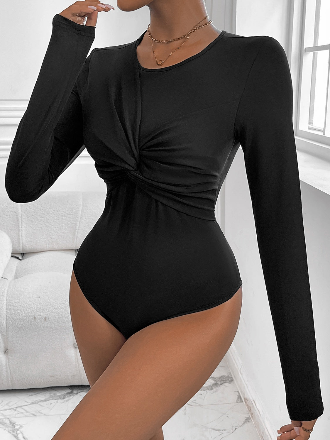 Twisted Sheer Long Sleeve Bodysuit with Round Neck