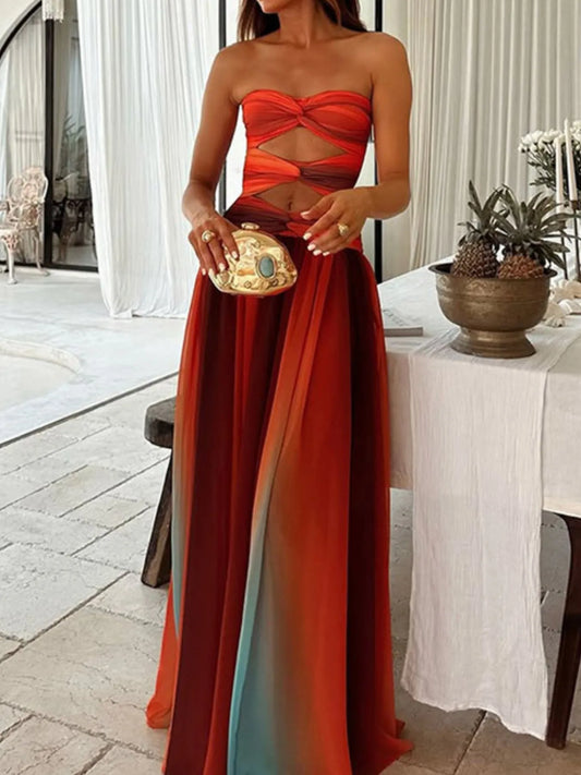 Strapless Cut-Out Rainbow Gradient Maxi Dress featuring a twisted design and vibrant color for a stunning look.