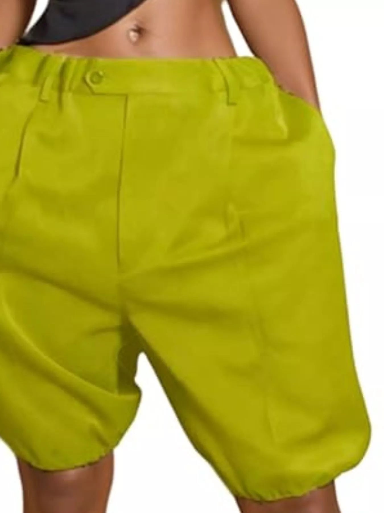 Lime green pleated high waist shorts with drawstring and pockets, 95% polyester, 5% spandex.