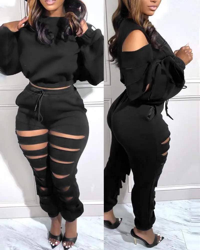 Ladder Detail Long Sleeve Top and Drawstring Pants Set