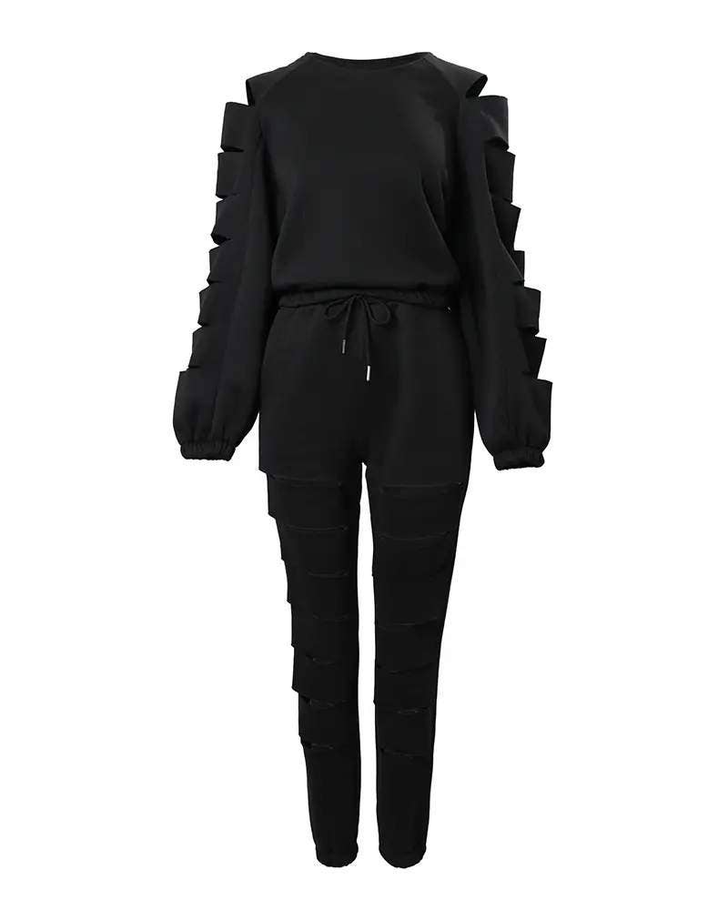 Ladder Detail Long Sleeve Top and Drawstring Pants Set