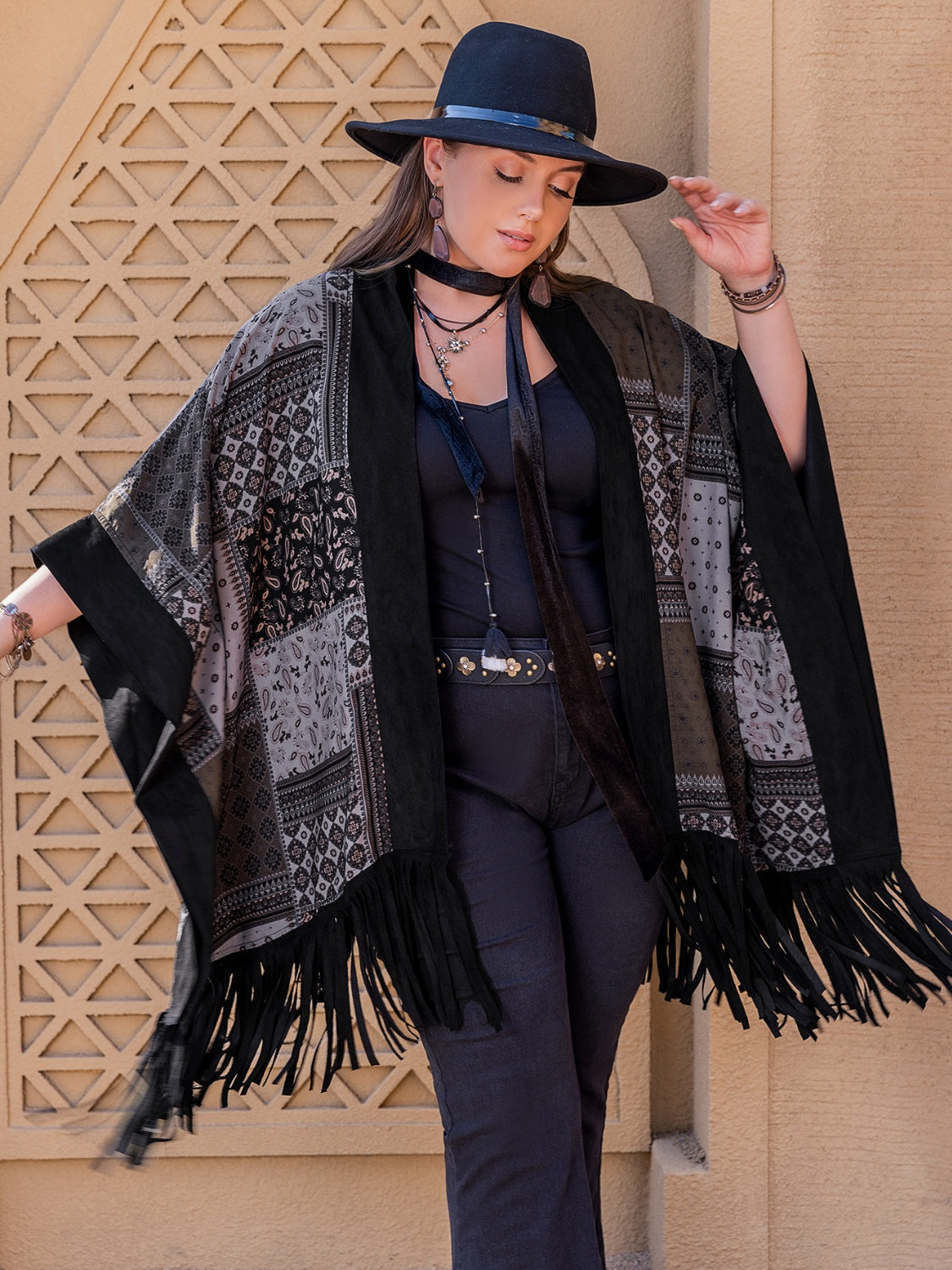 Printed Fringe Open Front Outerwear