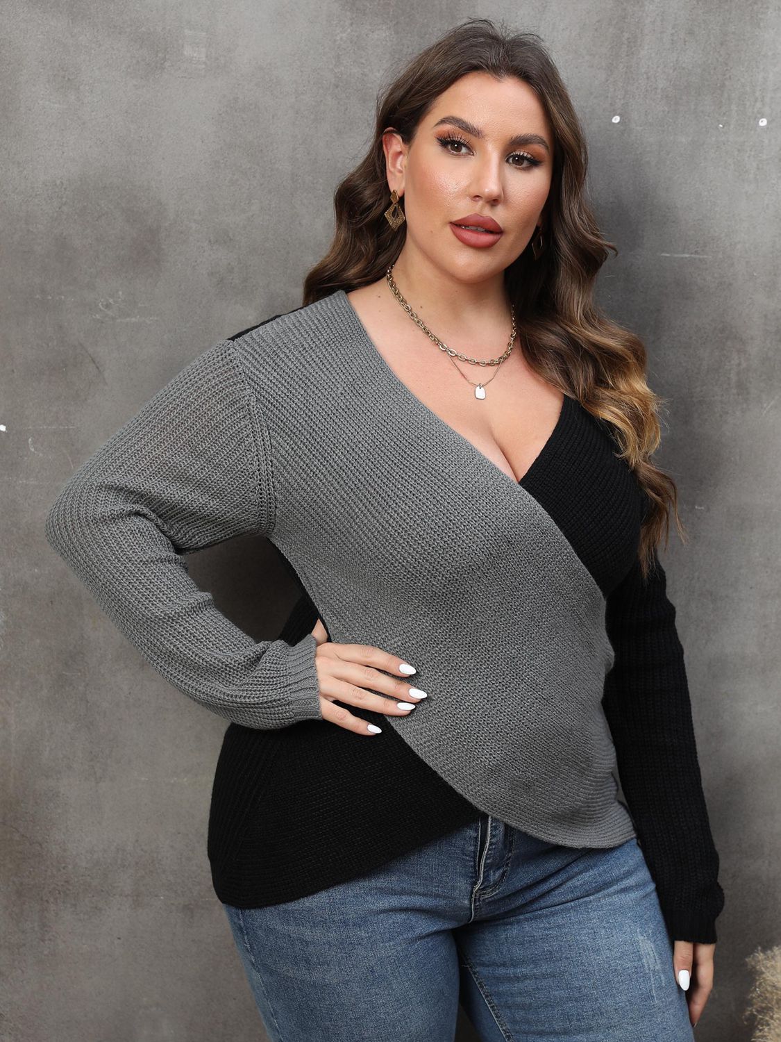 Curvy Colorblock Surplice Neck Sweater