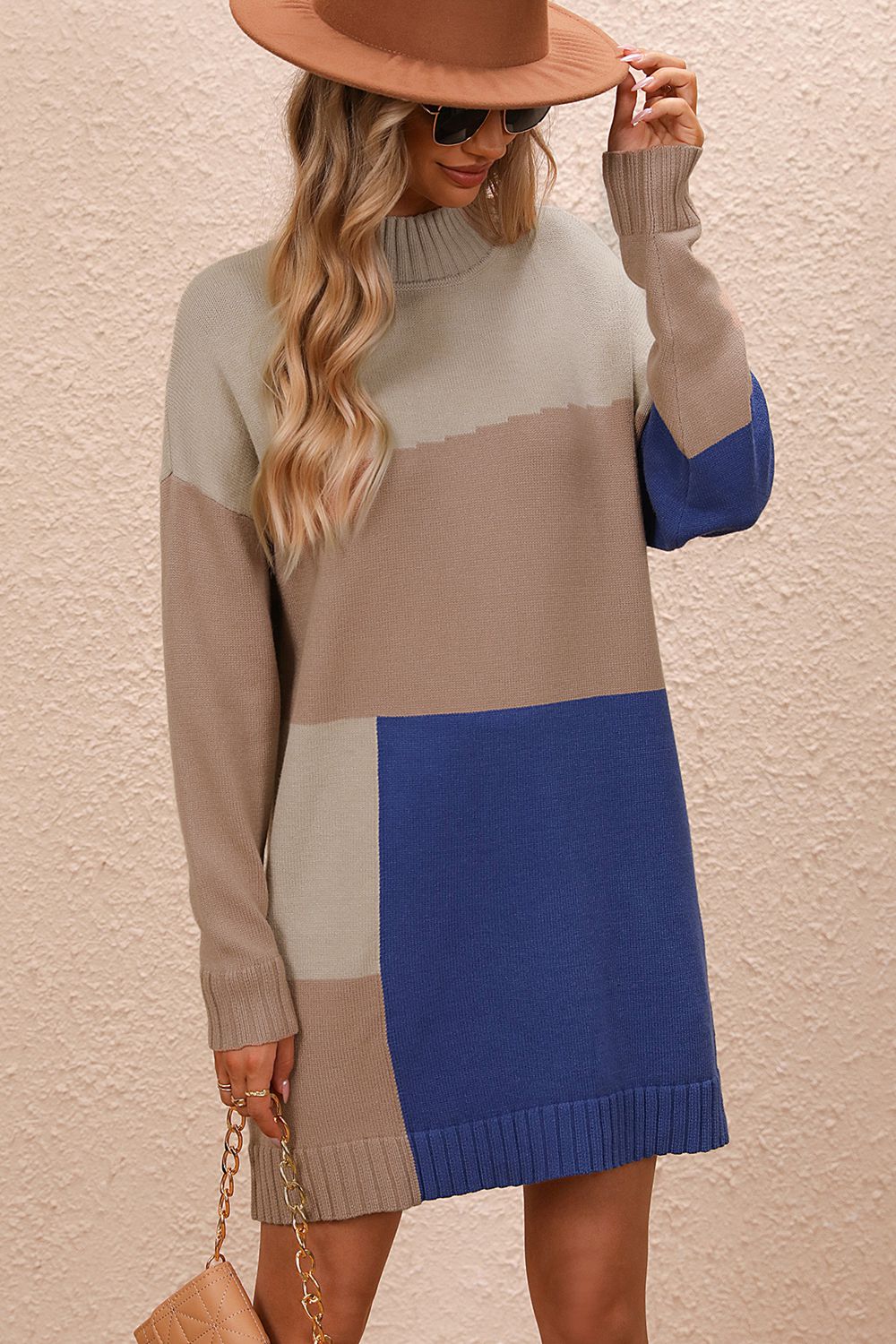 Color Blocked Long Sleeve Mini Sweater Dress with Mock Neck